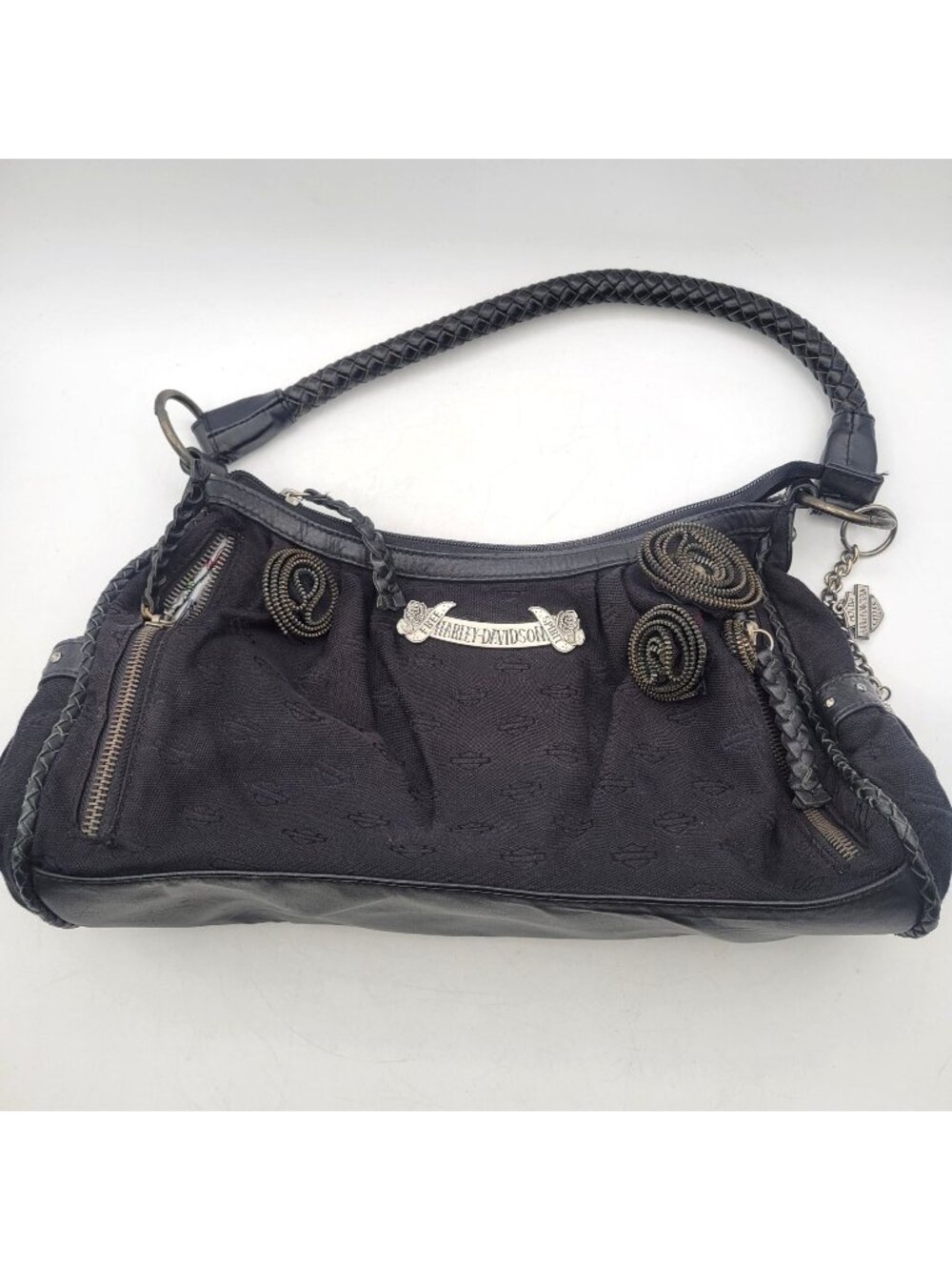 Harley Davidson Women's Purse Free Spirit Black Canvas & Leather Tassels & Zip
